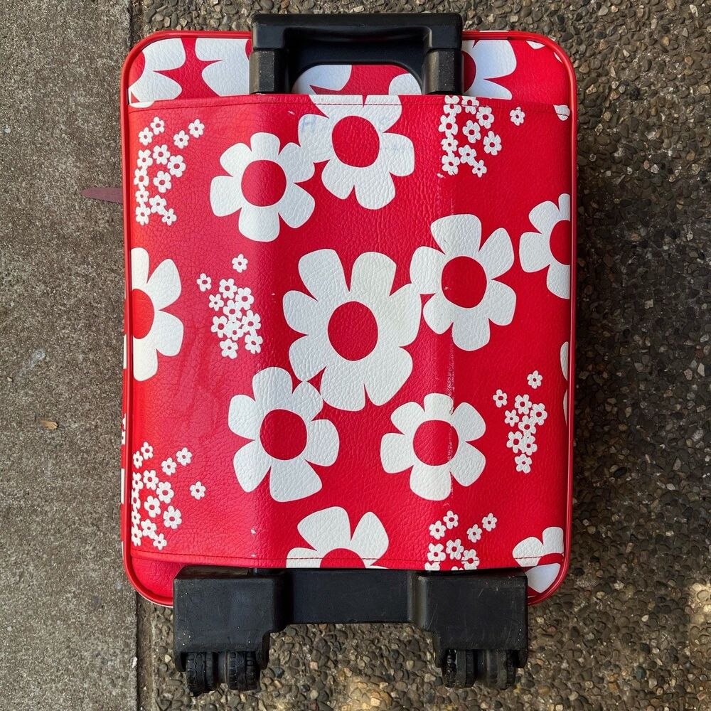 Vintage Roxy Y2K Red White Daisy Floral Rolling Carry On Suitcase Luggage - Picture 7 of 12